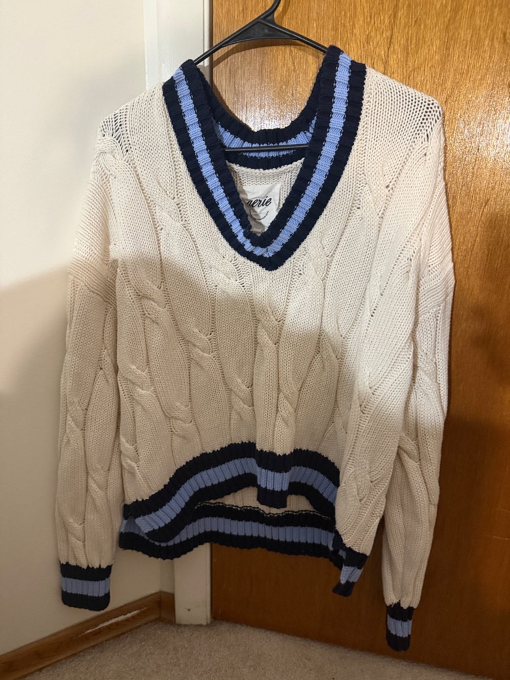 aerie Cream Cable-Knit V-Neck Sweater with Navy & Light Blue Trim
